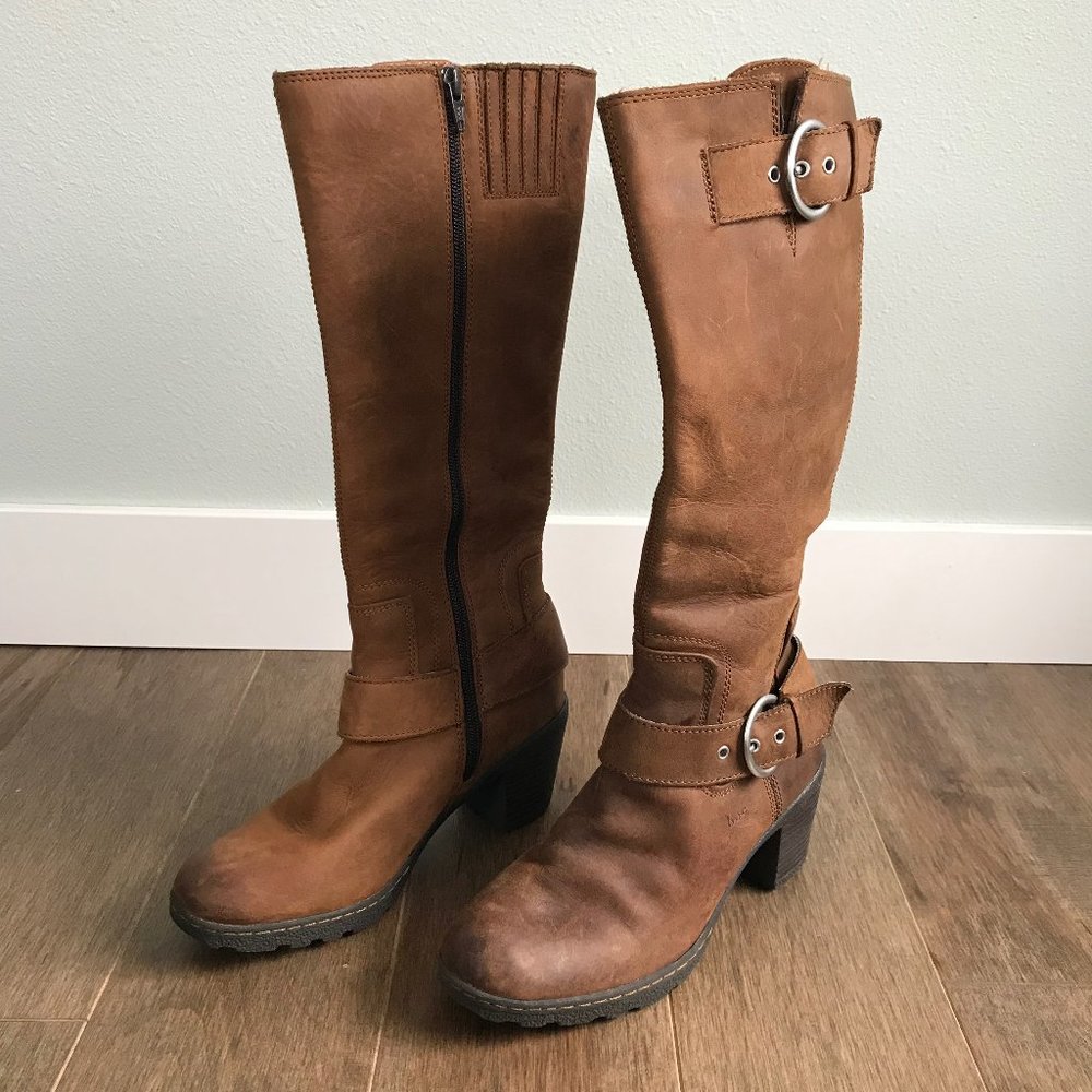 boc Brown Tall Leather Heeled Boots with Buckle